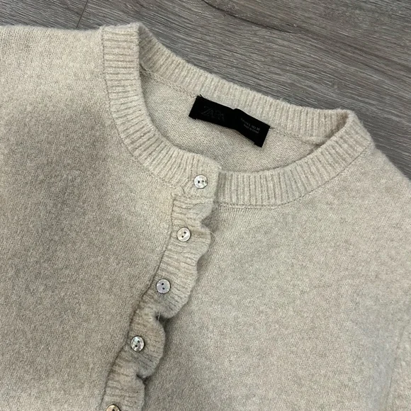 Cream Ruffle Trim Cardigan Sweater - Picture 2 of 5